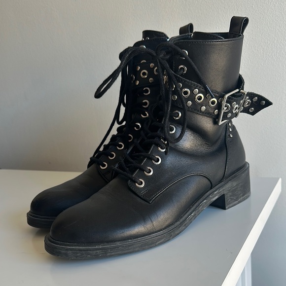 ZARA Black Studded Biker Combat Boots - Picture 2 of 6